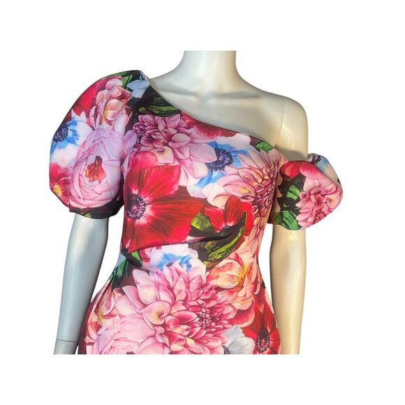 ASOS asymmetrical puff sleeve floral neoprene dress exaggerated hips sz 6 - Picture 3 of 10